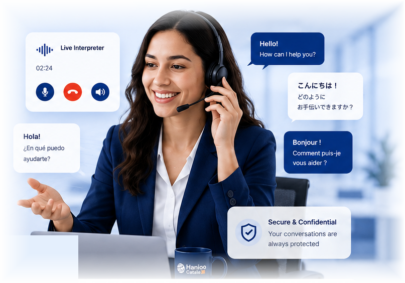 Hanioo — live interpreter connecting a call across English, Spanish, French and Japanese